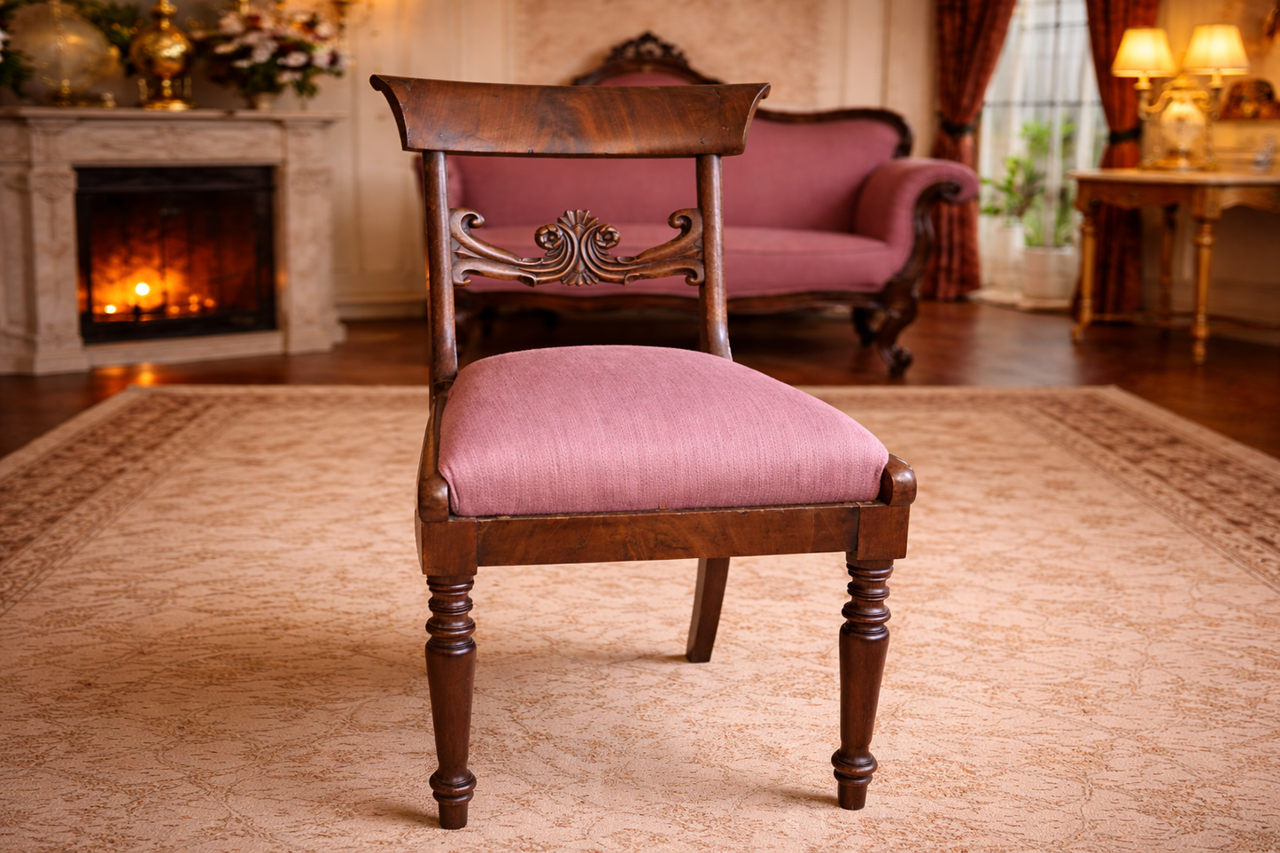 Antikvarinis svetainės komplektas: sofa, 6 kėdės ir apvalus stalas (~1900 m., neorokoko stilius)