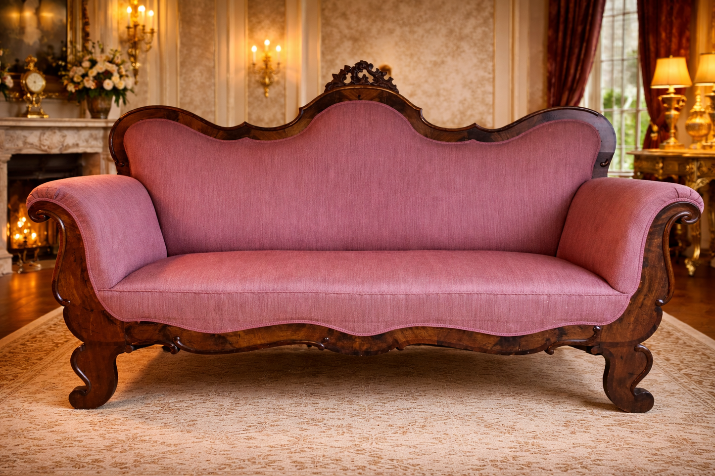 Antikvarinis svetainės komplektas: sofa, 6 kėdės ir apvalus stalas (~1900 m., neorokoko stilius)